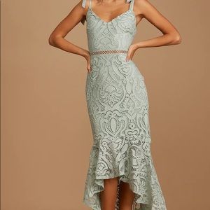 Won Your Heart Sage Green Lace Tie-Strap High-Low Midi Dress